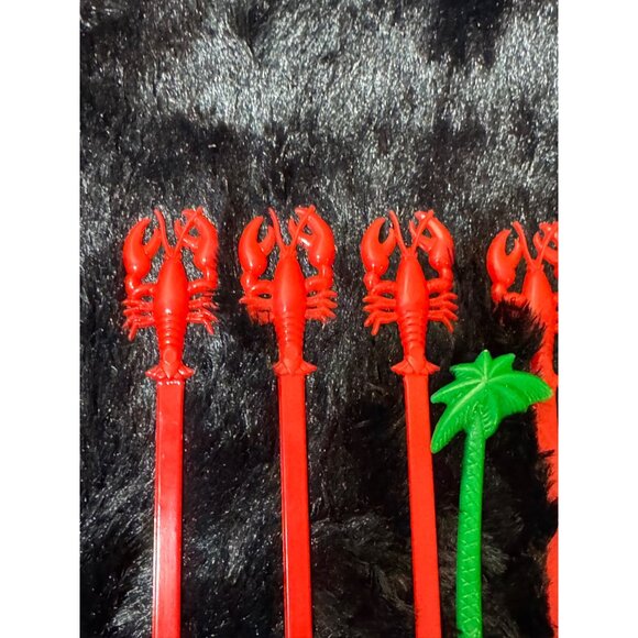 Vintage Red Lobster & Green Palm Tree Swizzle Sticks Set Of 6 - Picture 2 of 4